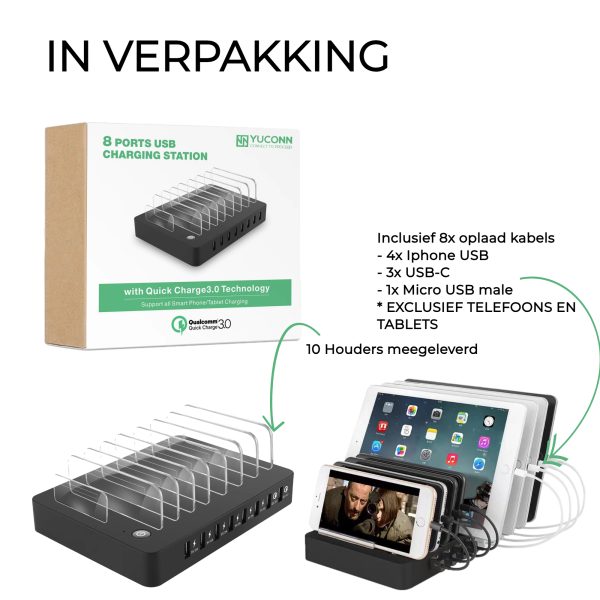 Oplaadstation voor telefoons en tablets, voor huis en kantoor, 8 uitgangen