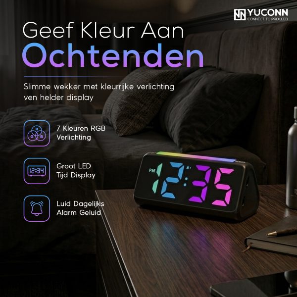 Yuconn Digitale Wekker met kleurenlicht – werkt op batterij en netstroom